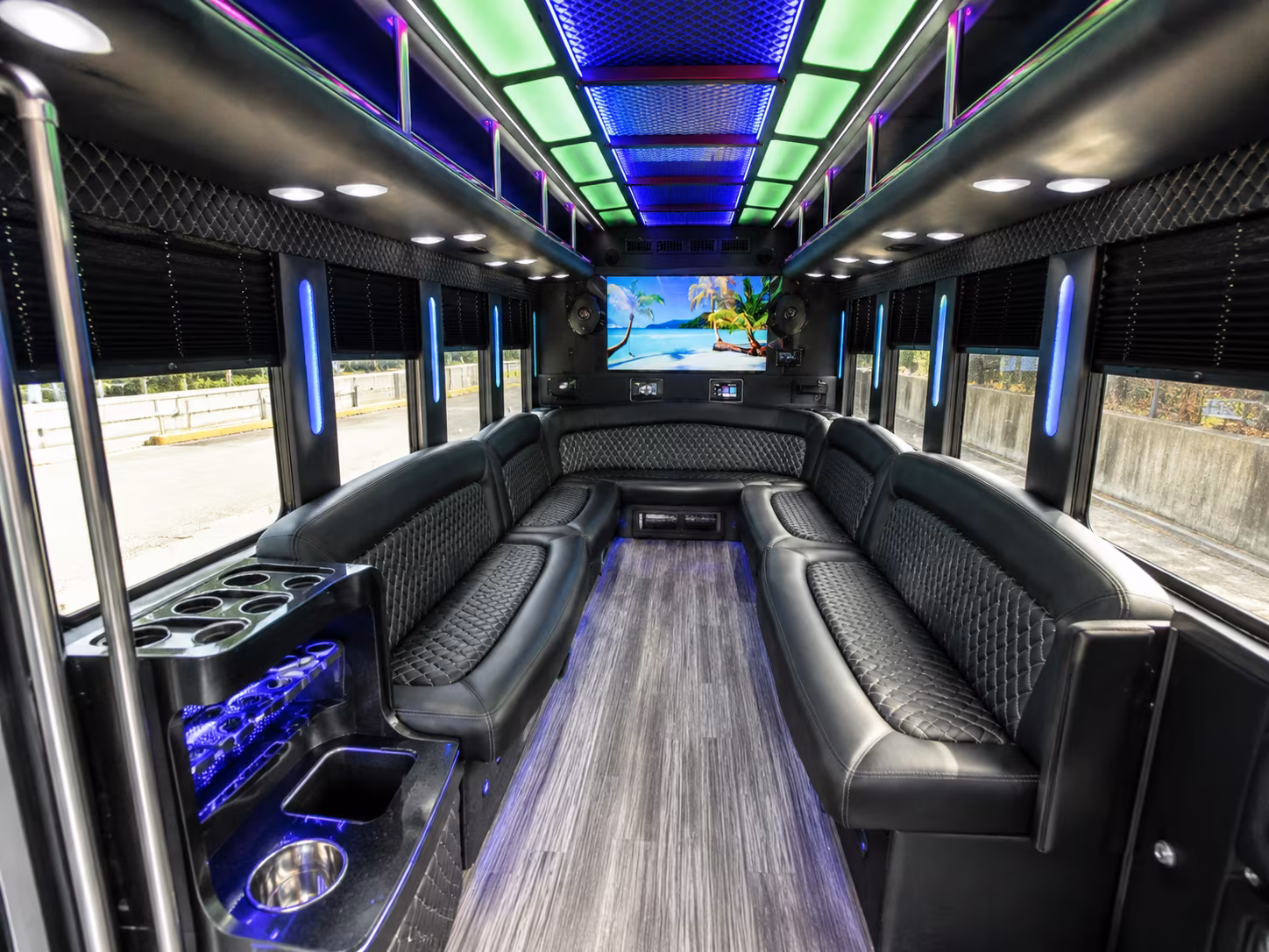 Interior of a party bus rental serving Fort Lauderdale